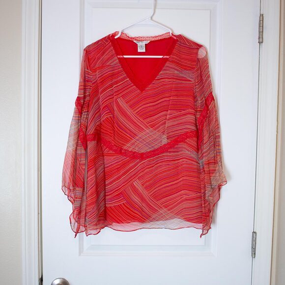 Sheer Red Swirl Silk Blouse Richard Malcolm Bell Sleeve V Neck L | True Spring - Picture 1 of 9